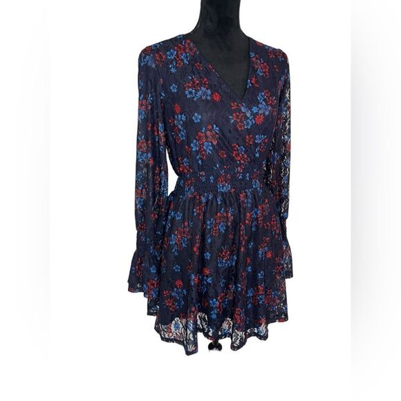NWOT DISNEY PRINCESS WOMENS BLUE FLORAL LACE LONG SLEEVE V-NECK DRESS SIZE SMALL - Picture 10 of 11